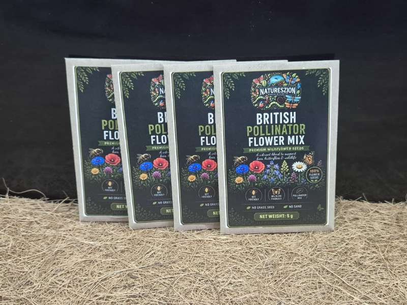 Four packets of British Pollinator Flower Mix premium wildflower seeds for creating bee-friendly and wildlife-friendly gardens in the UK.
