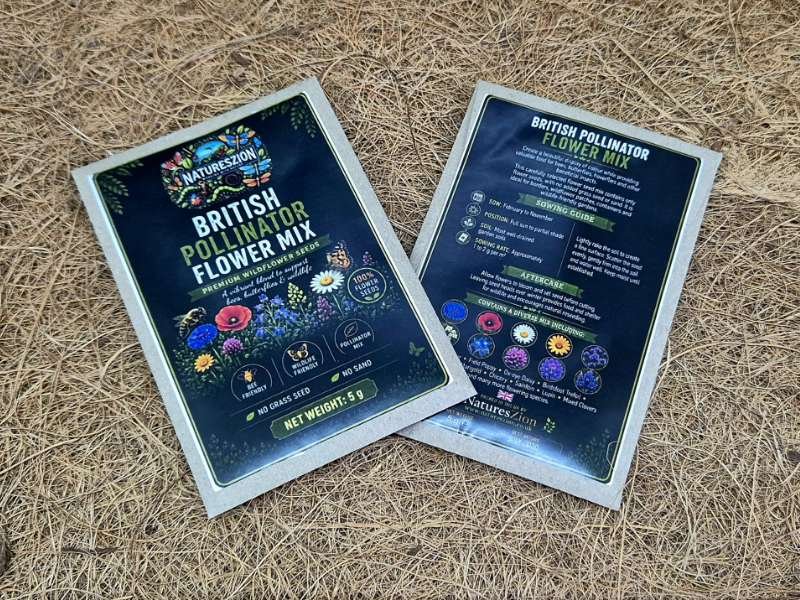 British Pollinator Flower Mix premium wildflower seeds showing the front and back of the eco-friendly 5 g seed packet for UK gardens.