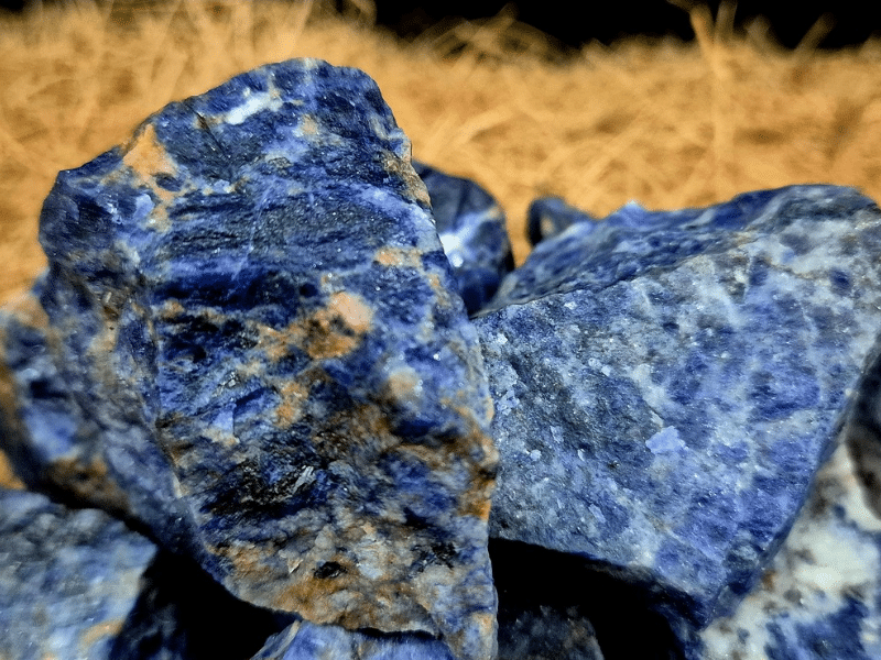 Close-up of raw Sodalite crystal with natural blue mineral texture