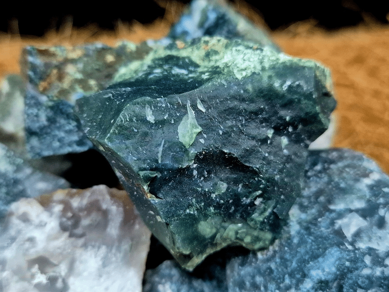 Dark green raw Moss Agate crystal with natural moss-like inclusions